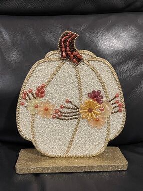 Thanksgiving Wood and Beaded Pumpkin Decor